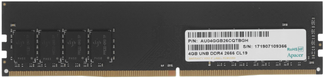 Память DIMM DDR4 4GB (PC4-21300, 2666MHz) Apacer (1шт x 4ГБ, CL 19-19-19-40, 1.2 В, Single rank x8, высота 31,25 мм) AU04GGB26CQTBGH / EL.04G2V.KNH